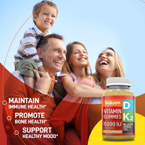 Sakoon nutrition - Sakoon Nutrition – Vitamina D3 K2 5000 UI com Óleo de Semente Negra para Suporte Ósseo, Dental, Muscular e Imunológico – 60 Gomas de Mascar