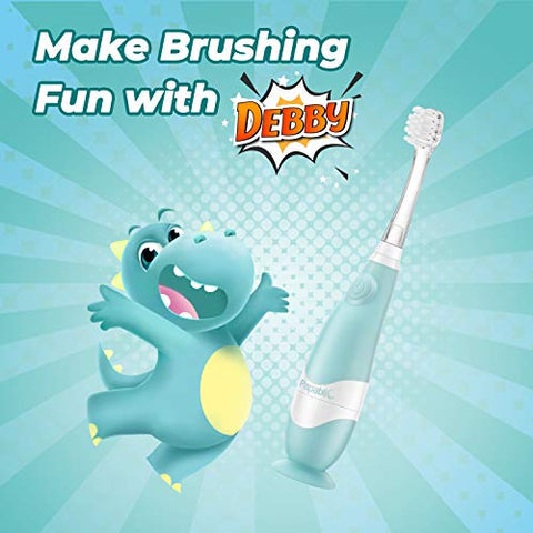 Escova de Dentes Elétrica Sonic para Crianças de 1-3 Anos, com Capa de Dinossauro Fofa e Temporizador Inteligente de LED, 4 Cabeças de Escova (Debby) - Papablic