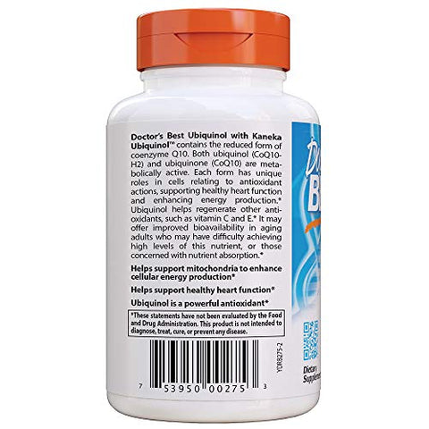 Doctor's BEST - Doctor’s Best Ubiquinol com Kaneka QH: Energia Celular Aumentada, Antioxidante, Sem GMO, Sem Glúten