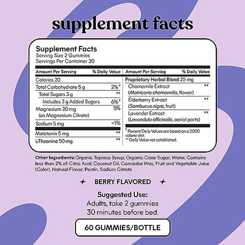 Sleep Gummies 5mg Melatonina, Sabugueiro, Magnésio, L-Teanina, Camomila e Lavanda – Auxílio Noturno para Dormir sem Medicamentos, Vegano, Sem Glúten, Sem Gelatina, Não Transgênico - Lemme