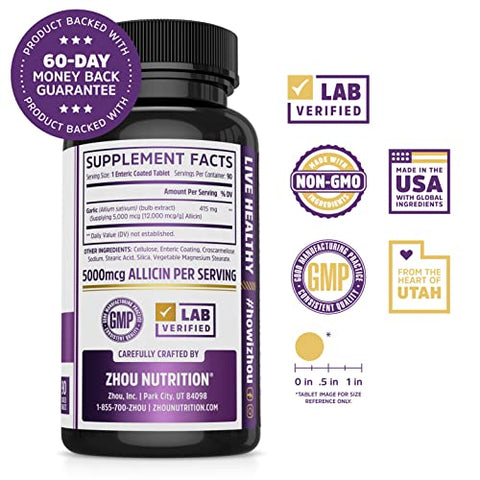 ZHOU - Zhou Nutrition – Suplemento de Alho com Allicin, Força Extra 5000mcg Allicin por Porção, Suporte ao Sistema Imunológico, Pressão Arterial e Saúde do Colesterol, 90 Porções