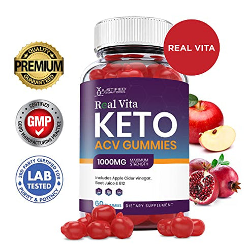 Justified Laboratories - (2 Pacotes) Real Vita Keto ACV Gummies 1000MG com Suco de Romã, Beterraba e Vitamina B12 – 120 Gomas