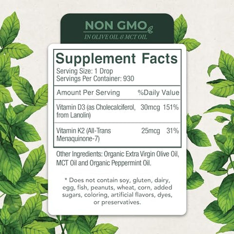 Live Wise Naturals - Vitamina D3 com K2 Líquida, Natural, Não GMO, 1208UI D3 e 25mcg K2 (MK7) por Porção, Fortaleça seus Ossos, Sistema Imunológico e Níveis de Energia, com ou sem Hortelã-Pimenta