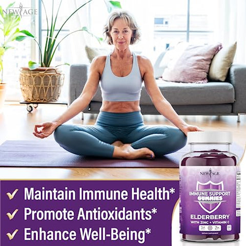 Gummies de Suporte ao Sistema Imunológico NEW AGE – Gummies de Sabugueiro Negro Sambucus com Vitamina C e Zinco (Suporte Imunológico 120 Gummies)