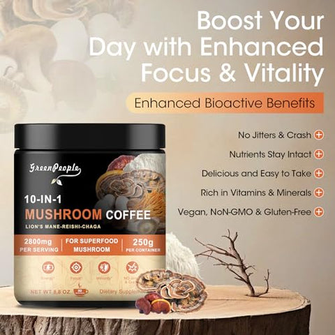 GREENPEOPLE - Café de Cogumelo 10 em 1 | Alternativa de Café de Cogumelo com Lion’s Mane, Reishi, Turkey Tail | 100% Natural | 30g