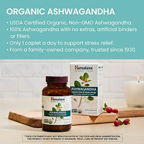 Ashwagandha Orgânico, Suplemento Herbal para Alívio do Estresse, Suporte Energético, Insônia Ocasional, Certificado Orgânico USDA, Não-OGM, Vegano, Livre de Glúten – 90 Dias de Fornecimento - Himalaya