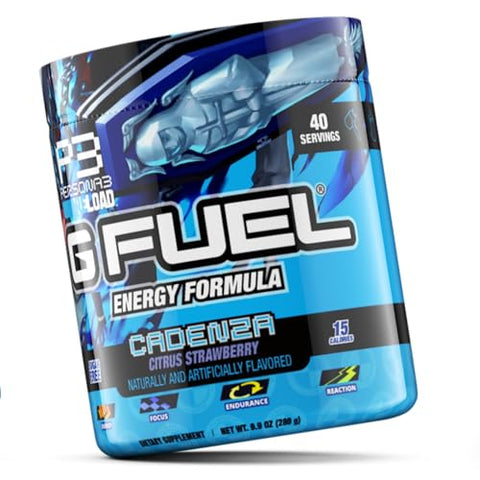 Cadenza: Pó Energético, Sem Açúcar, Foco com Cafeína Limpa, Mistura para Água, Sabor de Morango Cítrico, Aminoácidos para Foco, Vitaminas Antioxidantes, 280g, 40 Porções - G Fuel