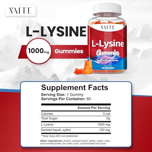 VAITE - L-Lysine 1000mg Gummies – Suporte para Pele, Lábios, Vegano, Sem Glúten, Vitaminas para Saúde dos Tecidos – Marca: [Nome da Marca]