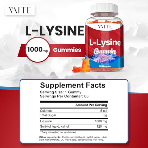 VAITE - L-Lysine 1000mg Gummies – Suporte para Pele, Lábios, Vegano, Sem Glúten, Vitaminas para Saúde dos Tecidos – Marca: [Nome da Marca]