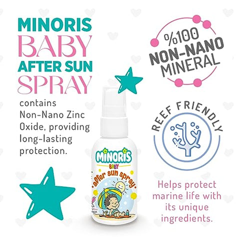 Minoris - Spray Pós-Sol para Bebês – Cuidado Pós-Sol para Bebês, Conteúdo Orgânico, à Base de Óxido de Zinco, Hipoalergênico, Vegano, Recuperação após Exposição ao Sol, Calmante, Cuidado para Queimaduras Solares, 0-6 Meses 100ML