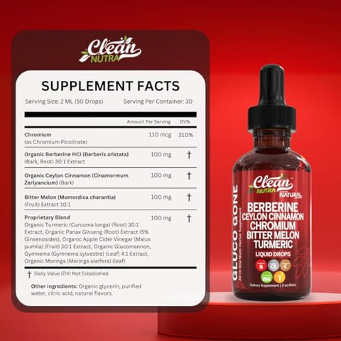 Clean Nutraceuticals - Suplemento Líquido de Canela Ceylon Orgânica com Berberina, Extrato de Melão Amargo, Glucomanano, Gymnema, Cromo, Cúrcuma, Ginseng Panax Orgânico, Vinagre de Maçã