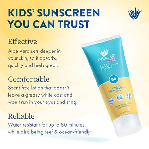 ALOE UP - Protetor Solar Infantil Aloe Up Kids FPS 50 – Amplo Espectro para Rosto e Corpo – Pele Sensível – Com Gel de Aloe Vera – Secagem Rápida – Seguro para Recifes – 100g
