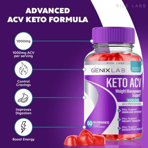 rize labs - (2 Pacotes) Gomas Genix Lab Keto ACV – Perda de Peso Avançada, Gomas Keto ACV, Suplemento de Máxima Força Genix Lab, Avaliações das Gomas GenixLab (120 Gomas)
