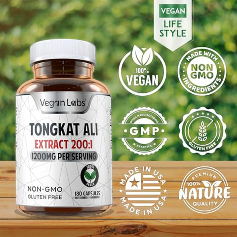 Extrato de Tongkat Ali 200:1, 1200MG Por Porção – 180 Cápsulas Veganas – Energia e Resistência – Livre de Glúten, Não-OGM – Qualidade Premium - Vegan Labs