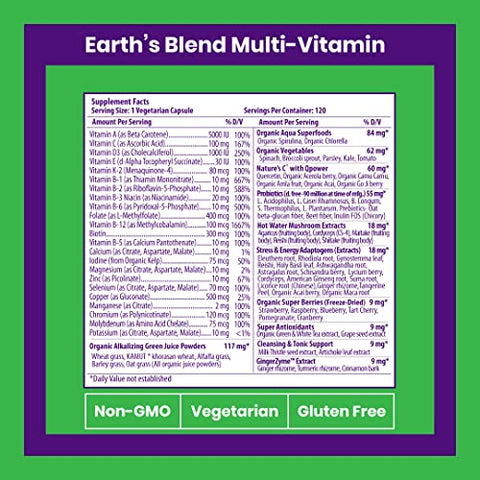 Earth’s Blend – Multivitamina com 48 Superfoods Orgânicos, Probióticos, Antioxidantes, Vitaminas A, B12, C, D, K2 – Superalimento Diário sem Ferro - Paradise Herbs