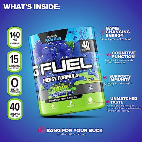 Faze Rug – Pó Energético, Sem Açúcar, com Cafeína Limpa, Suplemento para Foco, Mistura para Água, Sabor Framboesa Azul Azeda, com Aminoácidos para Foco, Vitaminas e Antioxidantes – 296 ml (40 g) - G Fuel