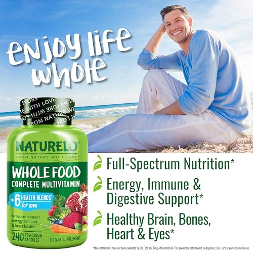 Multivitamínicos Masculinos – Multivitamínico de Alimentos Integrais para Homens com Vitaminas, Minerais – 240 Cápsulas Vegetarianas para Energia, Cérebro, Coração, Saúde Ocular - NATURELO