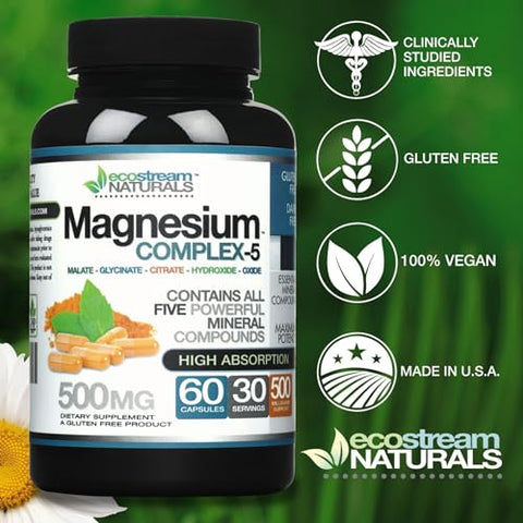 ecostream Naturals - Complexo de Magnésio 500mg – Todos os 5 Compostos Minerais de Magnésio – Alta Absorção – Livre de Glúten
