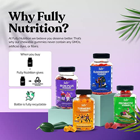 FULLY NUTRITION - Suplemento de Gomas de Ferro para Adultos (Mulheres, Homens) e Crianças – Sabor Uva – Suporta Anemia, Energia e Concentração – 100 Unidades