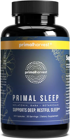 Suplemento Primal Harvest Primal Sleep Support, 60 Cápsulas com Raiz de Valeriana, L-Triptofano, GABA, Camomila e Melatonina 3mg – Suporte para um Sono Primal de Qualidade