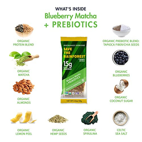 SHANTI BAR - SAVE THE RAINFOREST by SHANTI BALANCE | Blueberry Matcha | 15G Proteína Vegetal | Superfood Orgânico Sem Glúten | Prebióticos para Saúde Intestinal | Reforço Imunológico | Nutrição para Performance