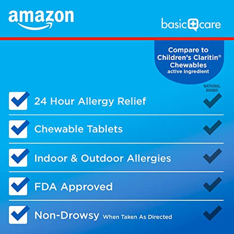 Crianças Alívio de Alergia, Comprimidos Mastigáveis de Loratadina, 5 mg, Medicamento de 24 Horas, Sabor Uva, 40 Unidades - Amazon Basic Care