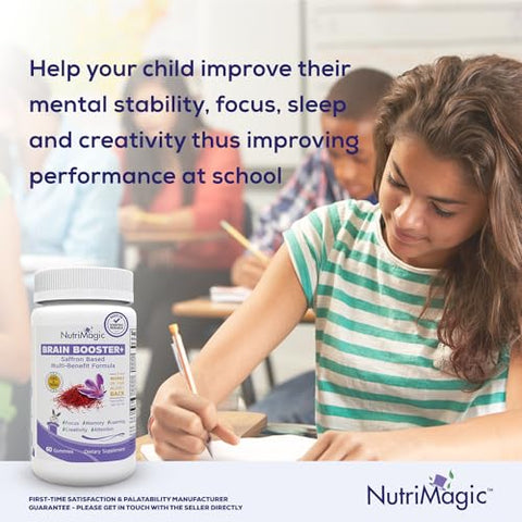 NutriMagic - Kids Brain Booster 2 em 1 Multivitamínico Nootrópico para Foco, Memória, Atenção, Humor – Gomas de Extrato de Açafrão Suplemento para Saúde Cerebral com Vitamina D3, B6, B12, Zinco, 60 Veganas