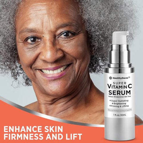 HealthyDerm - Super Serum Vitamina C para Mulheres Acima de 70: Vitamina C, Ácido Hialurônico, Vitamina E, Cafeína, Hidratante, Efeito Lifting, Redução de Rugas Faciais