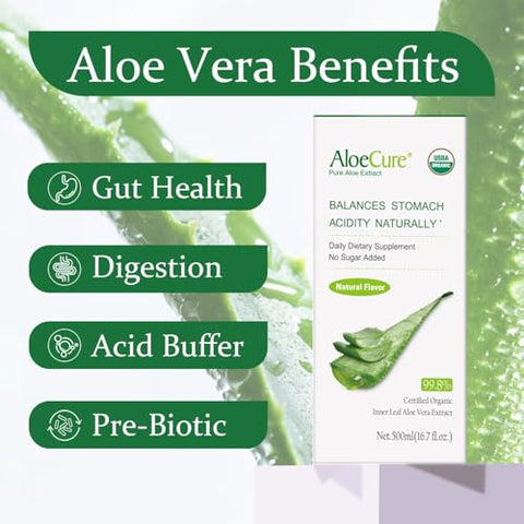 Suco de Aloe Vera Orgânico Certificado USDA Feito em até 12 Horas da Colheita – Puro Suco de Aloe Natural Suplemento Digestivo para Apoiar a Digestão, Sistema Imunológico e Estômago Equilibrado – AloeCure - AloeCure