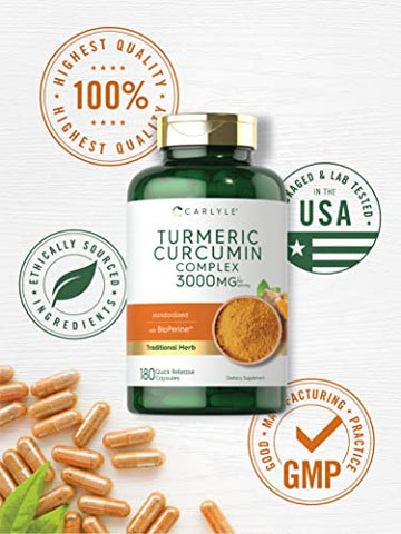 Cúrcuma Curcumina | 3000mg 180 Cápsulas | com Pimenta Preta, Curcuminoides e Bioperina | Não-OGM, Sem Glúten - Carlyle