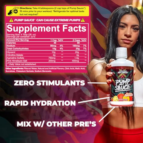 Pump Sauce - Pre-Workout Líquido de Espectro Completo – 946 ml, Sabor Gummy Worms Azedos, Sem Cafeína, Sem Glúten, Vegano, Zero Açúcar