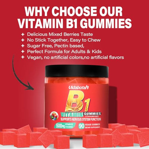 vidabotan - Gomas de Vitamina B1 sem açúcar 500mg – Suplemento de Tiamina B1 para Adultos