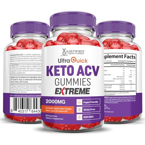 Justified Laboratories - Ultra Quick Keto ACV Gummies Extreme 2000MG – Gomas Ultraquick Keto de Vinagre de Maçã Formuladas com Pó de Romã e Beterraba, Vitamina B12, Veganas, Não Transgênicas – 60 Gomas