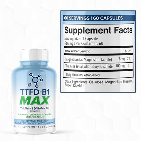 MAXLIFE NATURALS - TTFD B1 Max – Vitamina B1 TTFD 100mg – Thiamine Tetrahydrofurfuryl Disulfide MAX, 60 Cápsulas por MaxLife Naturals
