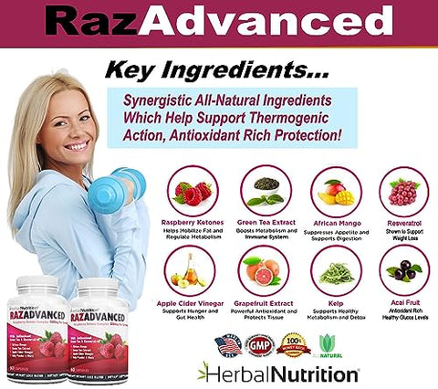 Herbal Nutrition - RAZADVANCED Complexo de Perda de Peso com Cetonas de Framboesa, 2 Frascos, 120 Cápsulas, 1200mg por Porção, Manga Africana, Vinagre de Maçã, Chá Verde, Resveratrol, Fruta Açaí, Alga Marinha