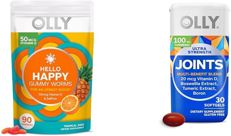 Hello Happy Gummy Worms – Suporte ao Equilíbrio do Humor com Vitamina D, Açafrão – 90 Unidades e Ultra Joint Softgels com Extrato de Boswellia, Cúrcuma – 30 Unidades - OLLY