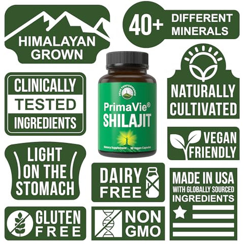 Peak Performance - PrimaVie® Cápsulas de Shilajit Puro. Suplemento Natural Clinicamente Testado com 40 Minerais Traços e Ácido Fúlvico. Suporte para Mitocôndrias