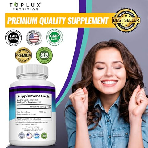Keto Blocker Pills – Extrato de Feijão Branco 1800 mg – Cápsulas de 90 – Suporte à Dieta Keto – Natural Ketosis – Para Homens e Mulheres - Toplux