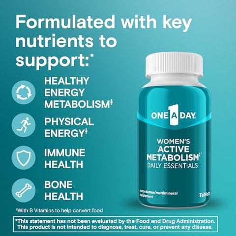 ONE A DAY - Multivitamínico Feminino One A Day Ativo para Metabolismo, Suporte Metabólico, Vitaminas com os 8 B-Vitamins, Vitamina D, Magnésio | Mulheres Ativas