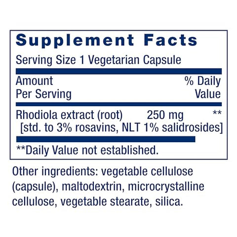 Suplemento de Rhodiola Rosea, Extrato Padronizado, Promove Desempenho Físico e Mental, Sem Glúten, Não-OGM, Vegetariano – Life Extension, 250mg, 60 Cápsulas