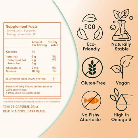 Naturesage - Cápsulas de Ômega 3 Vegano, Alternativa de Óleo de Peixe à Base de Plantas, 90 Cápsulas – Extraído a Frio de Semente de Salva Esclareia – Kosher – Suplemento de Ácido Graxo Ômega 3