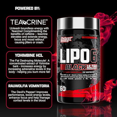 Lipo-6 Black Ultra Concentrate | Queimador de Gordura Termogênico Energizante, Aumenta a Perda de Peso, Energia | 60 cápsulas - Nutrex Research