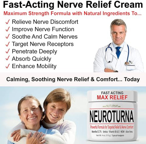 Nuturna - Creme Neuropatia Alívio Nervoso – Ação Rápida Máximo Alívio para Pés Mãos Pernas Dedos Costas – Ultra Força Mentol Arnica Aloe Vera MSM, Alívio Natural e Calmante para Nervos, 100g
