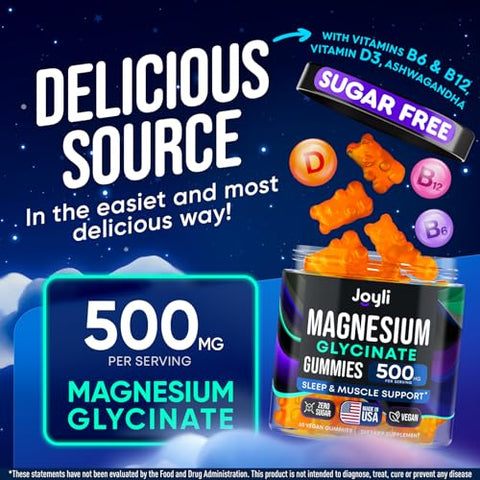 JOYLI Nutrition - Glicinato de Magnésio Gummies – 500MG de Magnésio Glicinato em Comprimidos Mastigáveis para Sono Vitamina B6, B12, D3 – Suplemento de Magnésio para Adultos, Crianças – Magnésio para Mulheres – 60