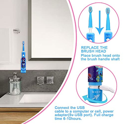 OJV - Escova de Dentes Elétrica Musical 8620 para Crianças, 3 Modos, Temporizador de 2 Min, 6 Cerdas Recarregáveis, Smart Sonic Music, para Meninas de 3 a 14 Anos com Suporte de Parede