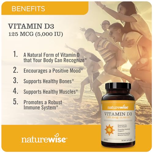Vitamina D3 5000UI (125 mcg) 1 Ano de Suprimento para Função Muscular Saudável e Suporte Imunológico, Livre de Transgênicos, Sem Glúten em Óleo de Oliva Extra Virgem, Embalagem Variada (Mini…) - NatureWise