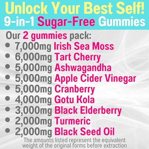 SHIZAM - Gotu Kola Óleo de Semente Preta Vinagre de Maçã Sea Moss Cranberry Ashwagandha Cereja Azeda Cúrcuma Curcumina Gomas de Sabugueiro | Suplemento de Sea Moss Elder Berry ACV em G
