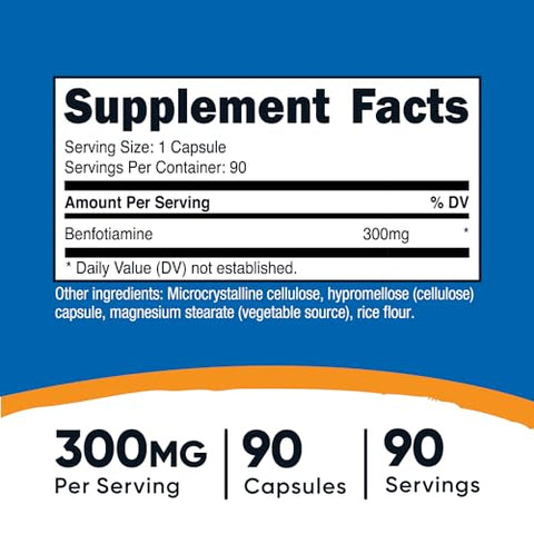 Benfotiamina 300mg, 90 Cápsulas – Sem Glúten, Não-OGM, Amigável aos Vegetarianos - Nutricost
