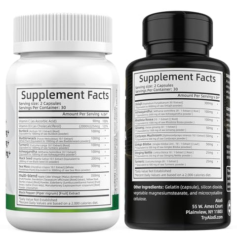 Alodi - Sea Moss Shilajit Ultra Wellness Bundle – Shilajit 9000mg Ashwagandha 2000mg Ginseng Rhodiola Cordyceps Sea Moss 3000mg Black Seed Turmeric Bladderwrack Burdock Root (60 cápsulas)