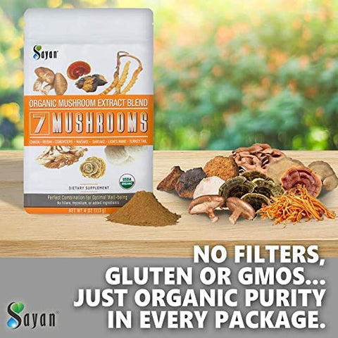 7 Cogumelos Orgânicos em Pó 113g – Chaga, Reishi, Cordyceps, Maitake, Shiitake, Lion’s Mane e Turkey Tail – Sem Aditivos, Adicione ao Café - Sayan